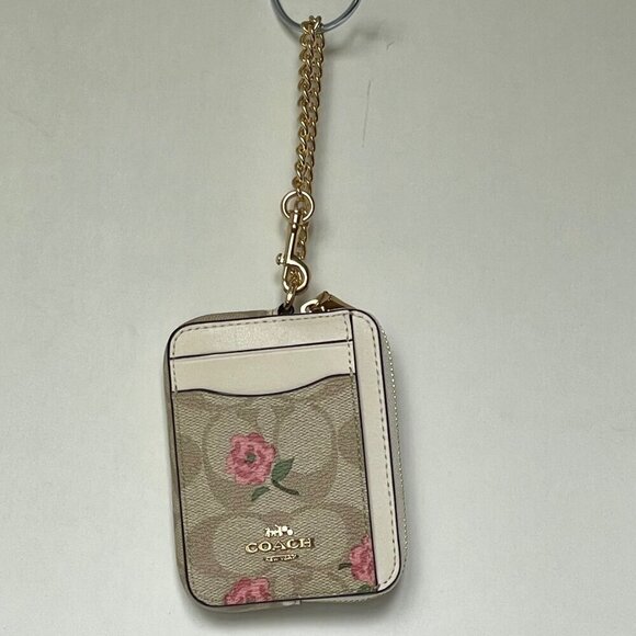 Coach Zip Card Case Pink Floral CR971 ID Wallet Beige Canvas Leather Chain Strap - Picture 5 of 8